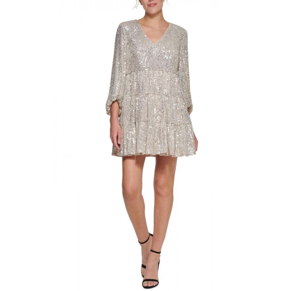 NWT Eliza‎ J Sequin Tiered Balloon Sleeve Fit & Flare Dress Silver Sz 10 $188
